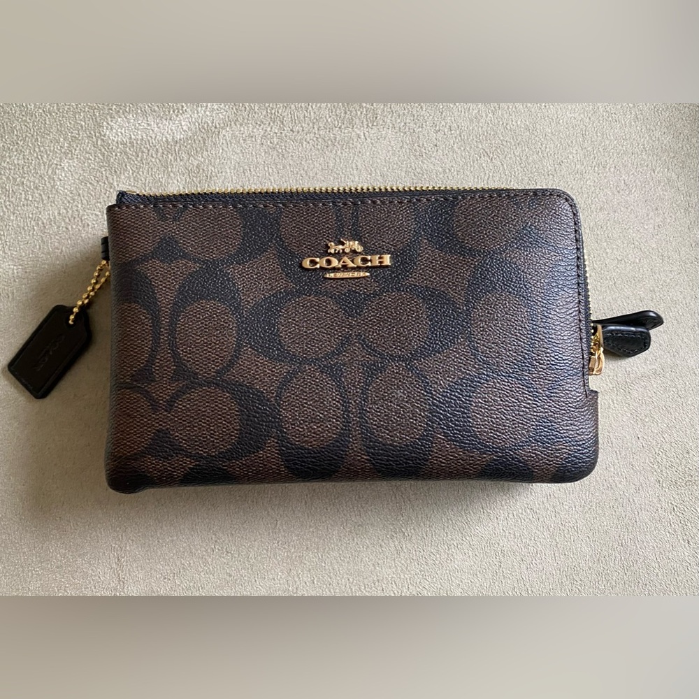 Coach Brown/Black Double Corner Zip Pouch in Signature Coated Canvas
